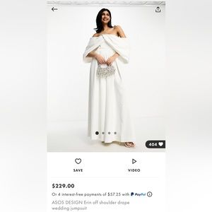 ASOS Design Erin off the shoulder drape wedding jumpsuit size 8